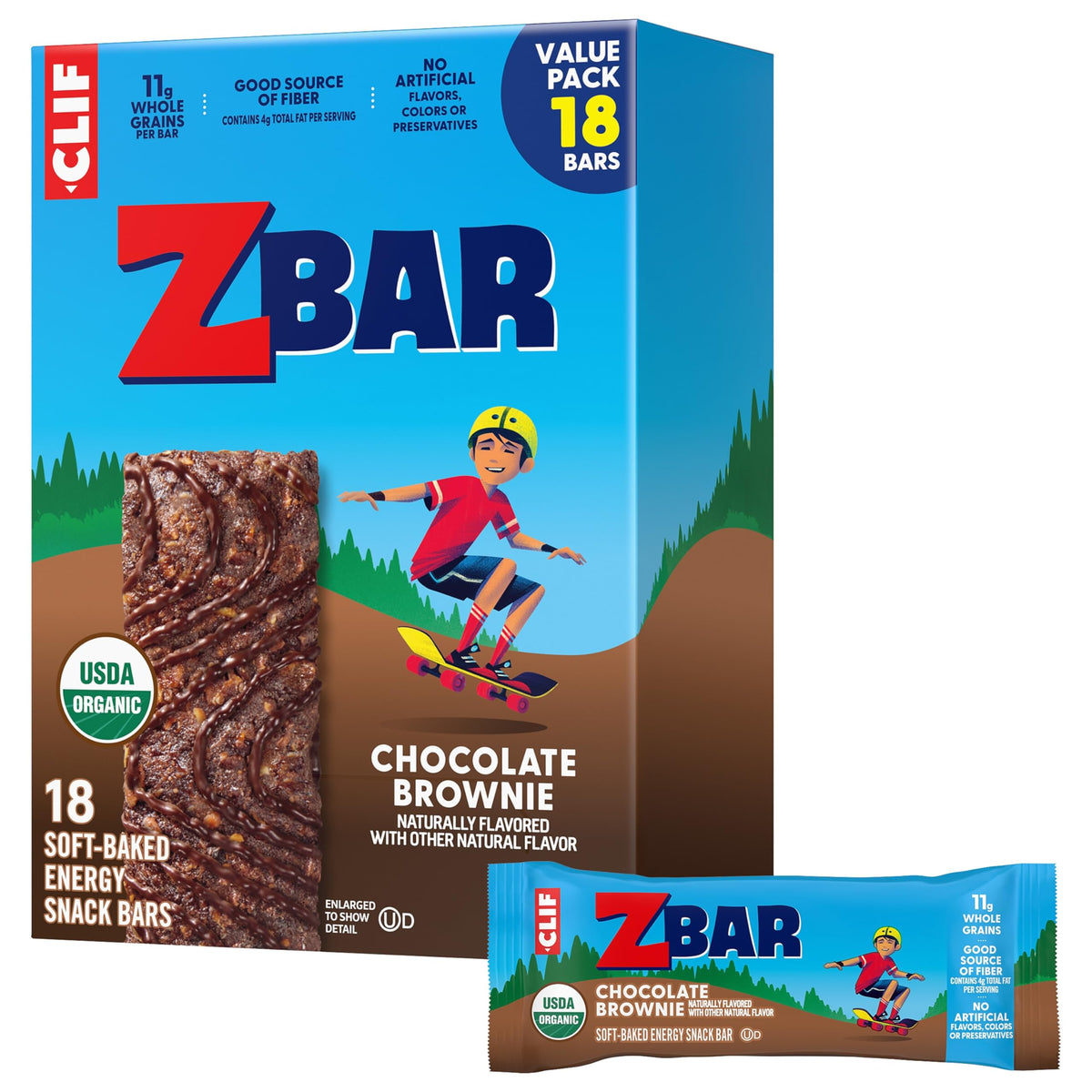 Clif Kid ZBar Chocolate Brownie soft-baked bar showing chewy texture for lunches.