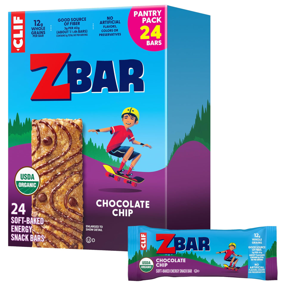 Clif Kid ZBar Chocolate Chip soft-baked bar close-up showing chewy texture for lunchbox energy