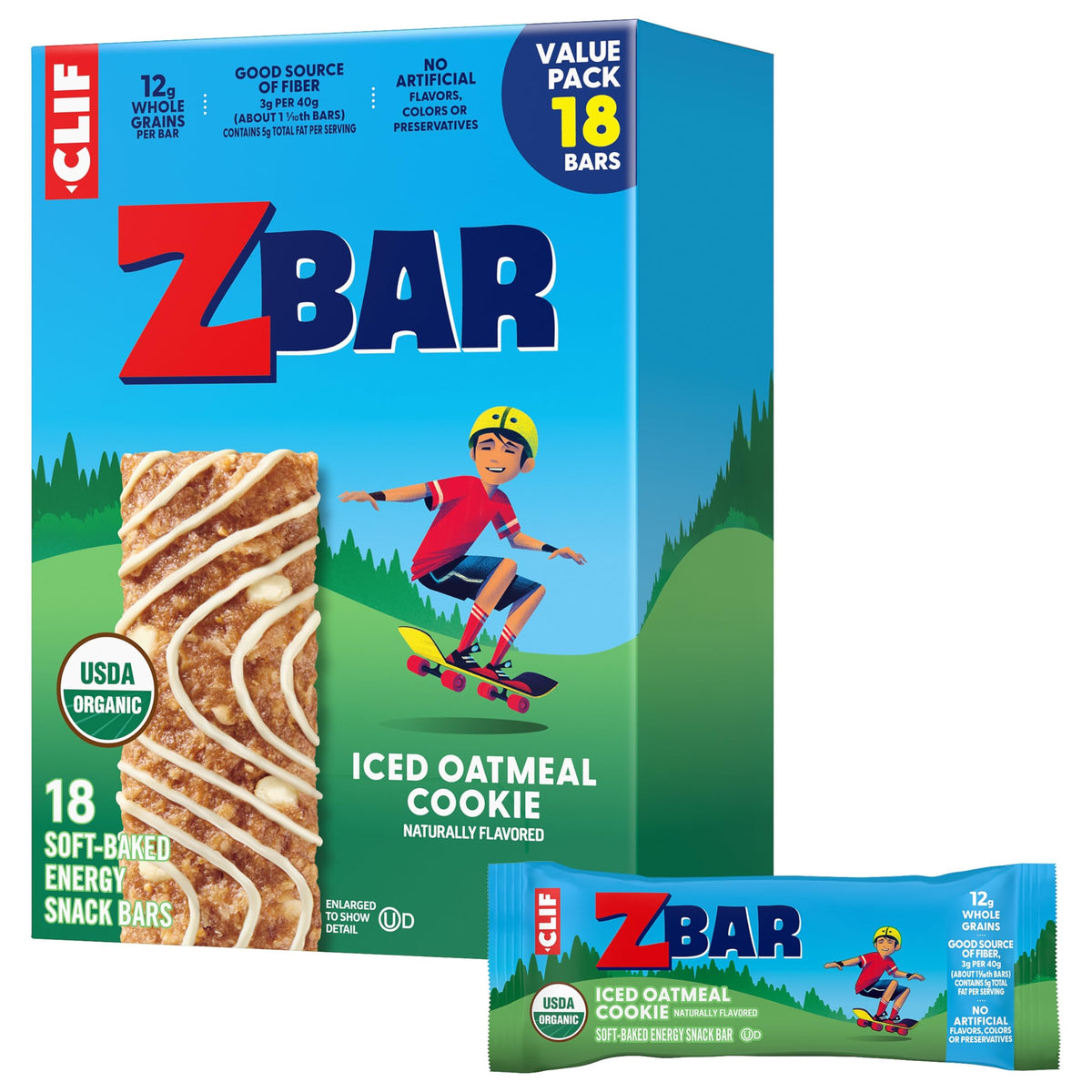 Clif Kid ZBar Iced Oatmeal Cookie packaging, lunchbox-friendly snack