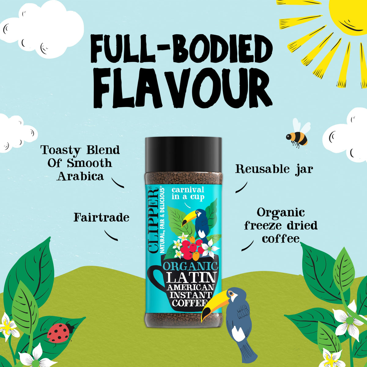 Close‑up of Clipper Coffee freeze‑dried powder for fast, flavorful cups.