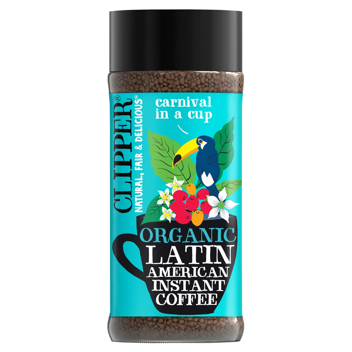 Clipper Coffee organic Latin American instant coffee jar, ready for quick mornings.