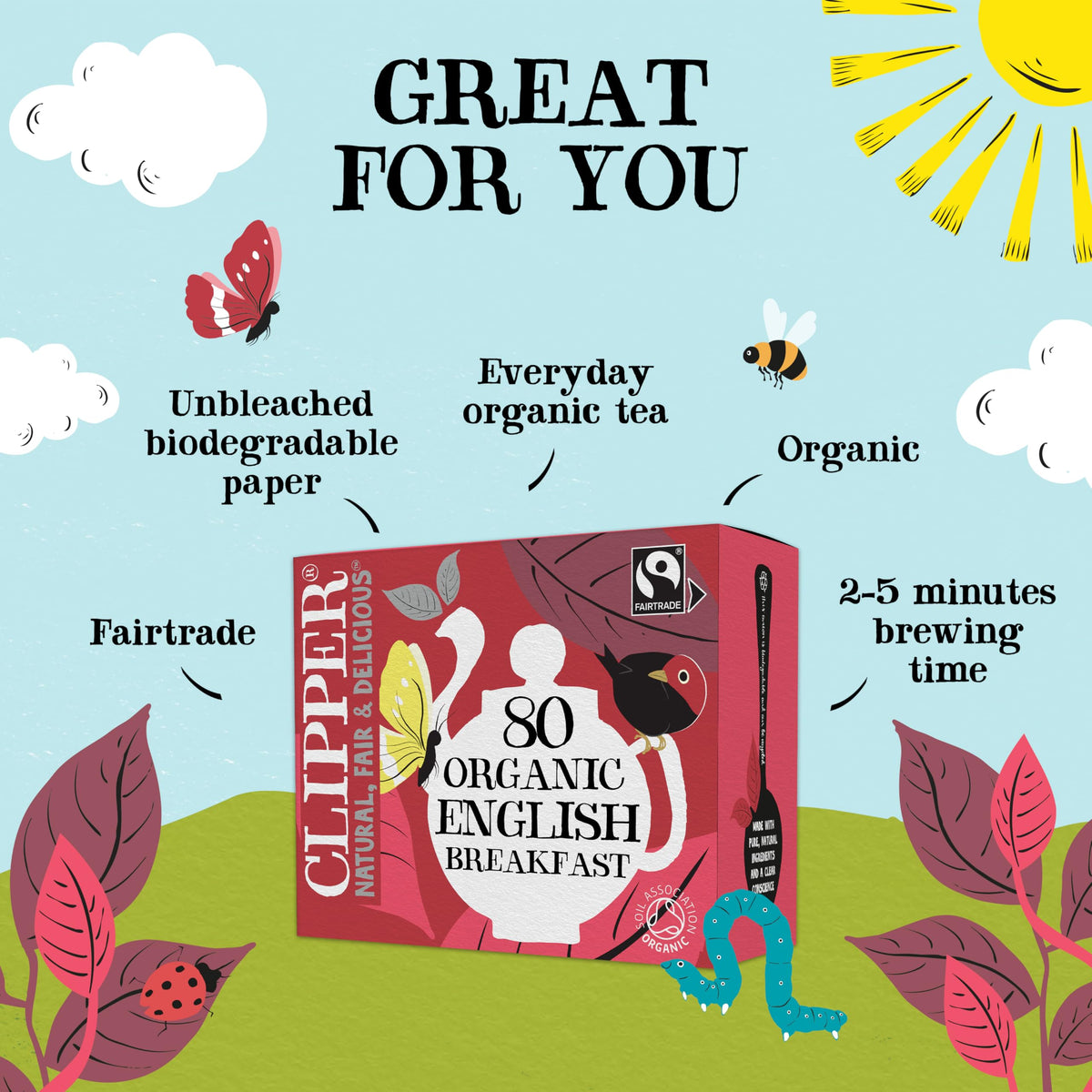 Clipper Tea 80 unbleached tea bags stack emphasizes eco-friendly packaging for daily rituals.