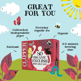 Clipper Tea 80 unbleached tea bags stack emphasizes eco-friendly packaging for daily rituals.
