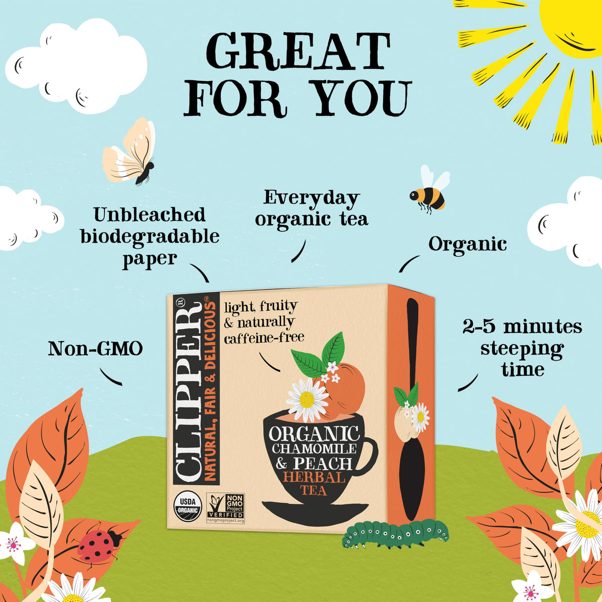 Clipper Tea Chamomile & Peach cup steaming releases fruity aroma for a relaxing moment.