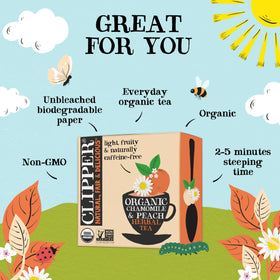 Clipper Tea Chamomile & Peach cup steaming releases fruity aroma for a relaxing moment.