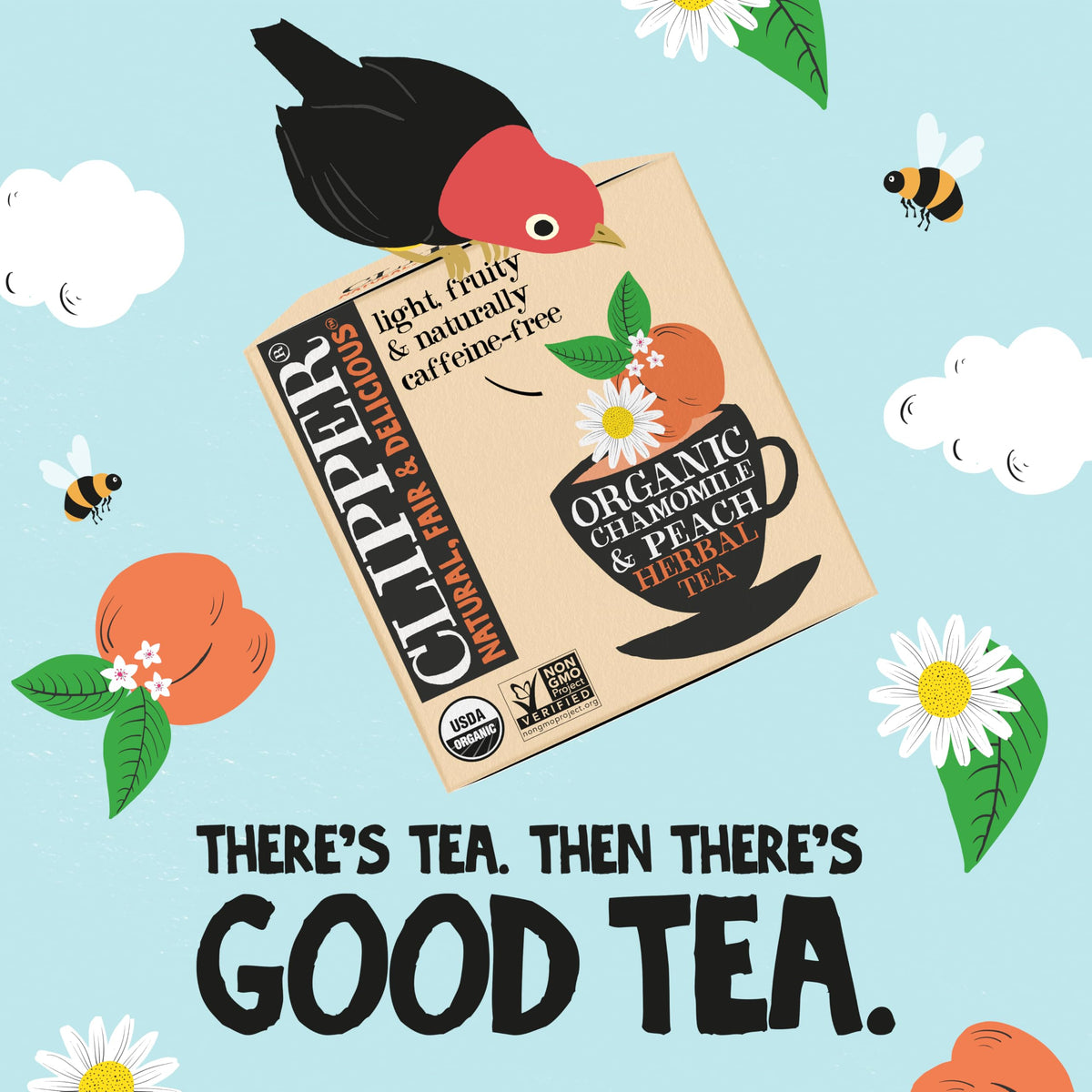 Fragrant mix of chamomile, orange, and rose petals in Clipper Tea Chamomile & Peach.