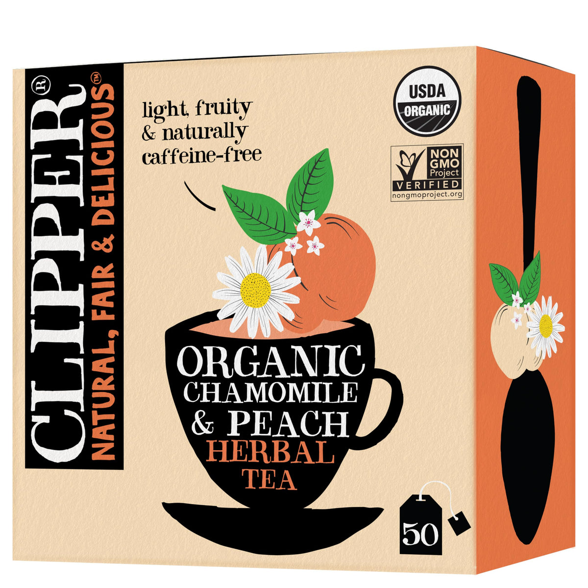 Clipper Tea Chamomile & Peach teabags in box, inviting organic flavor for a caffeine-free moment.