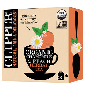 Clipper Tea Chamomile & Peach teabags in box, inviting organic flavor for a caffeine-free moment.