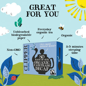 Clipper Tea decaffeinated black tea leaves with rich, smooth flavor.