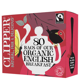 Clipper Tea English Breakfast Assam Blend packaging highlights ethical sourcing for a balanced morning brew.