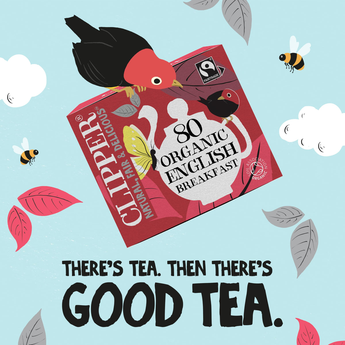 Clipper Tea Fairtrade logo highlights ethical sourcing supporting farmers worldwide.
