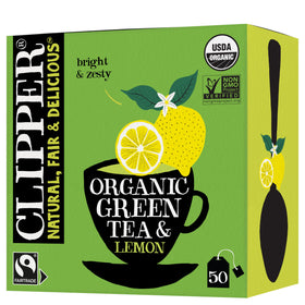 Clipper Tea Green Tea & Lemon teabag in cup with citrus aroma for a refreshing break.
