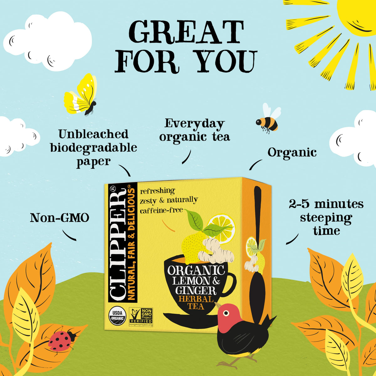 Clipper Tea Lemon & Ginger teabags steeping for a bright, comforting hot beverage.