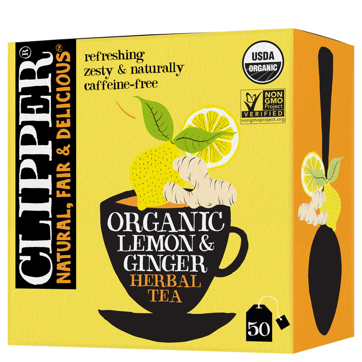 Clipper Tea Lemon & Ginger teabags packshot highlighting organic, caffeine-free blend for hot or iced tea.