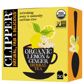 Clipper Tea Lemon & Ginger teabags packshot highlighting organic, caffeine-free blend for hot or iced tea.
