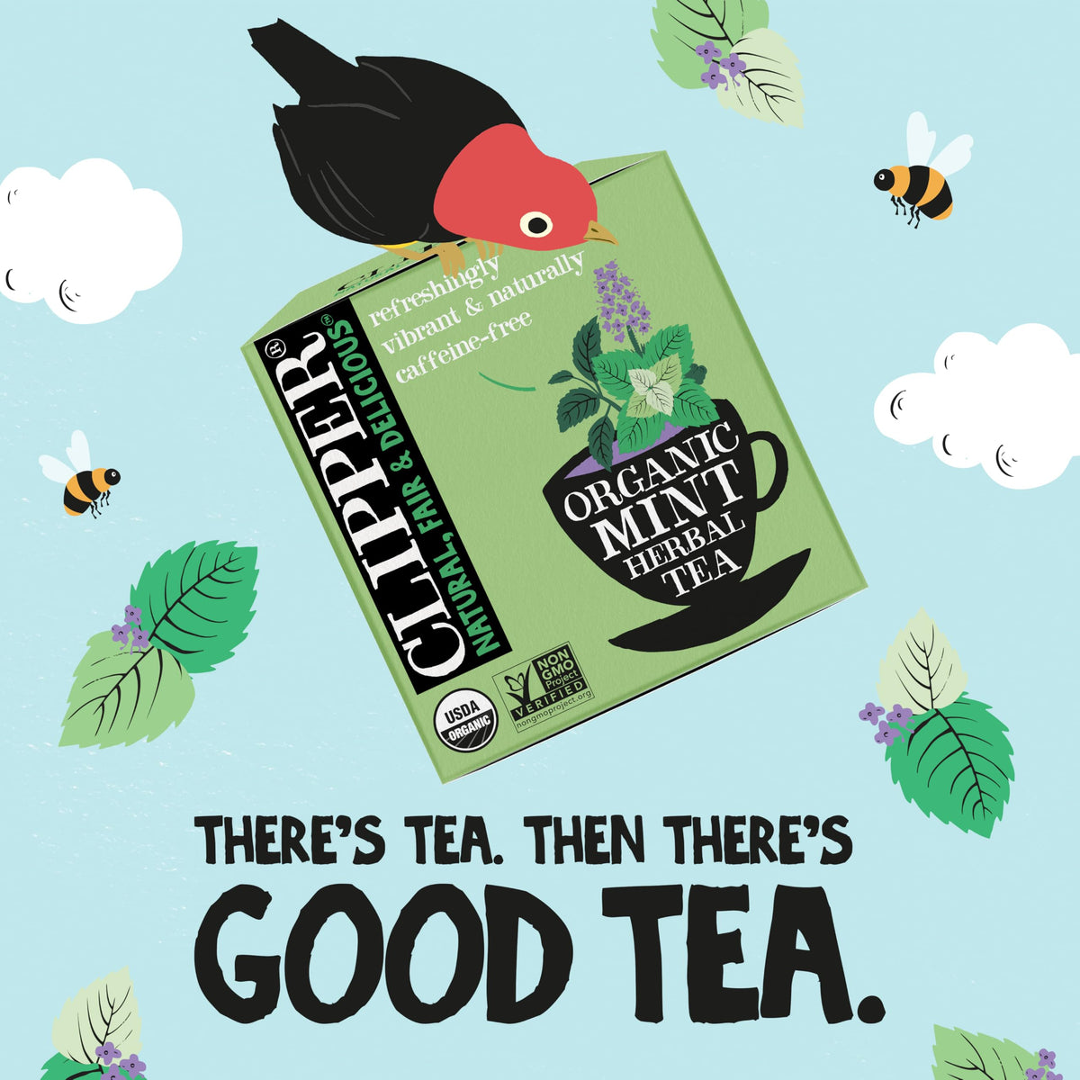 Iced mint tea served in a glass, Clipper Tea for hot or cold enjoyment.