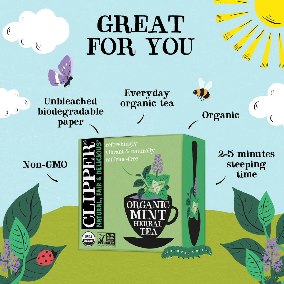 Closeup of mint herbal teabags steeping, Clipper Tea delivers soothing aroma.