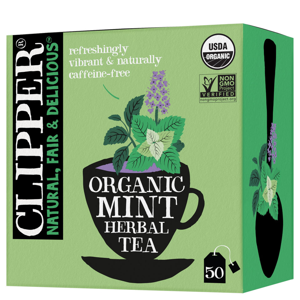 Clipper Tea Mint Herbal Teabags pack offers caffeine-free refreshment for a daily routine.
