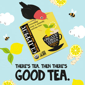 Clipper Tea organic biodegradable packaging emphasizes planet-friendly, fair trade values.