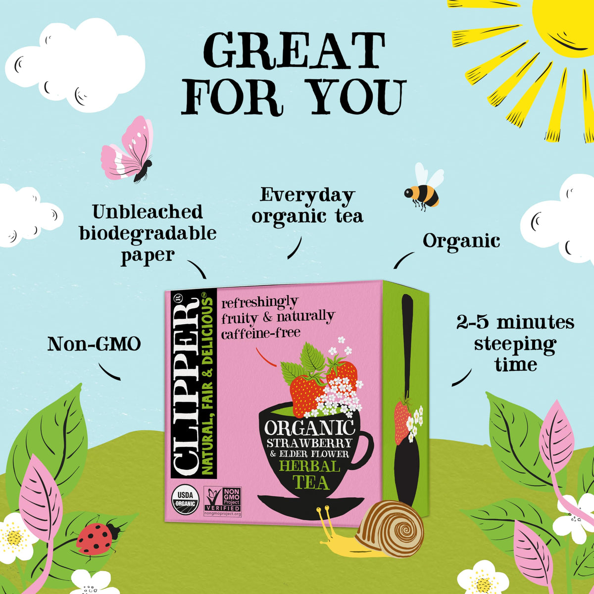 Clipper Tea organic strawberry elderflower tea in dried fruit pieces close view for flavor