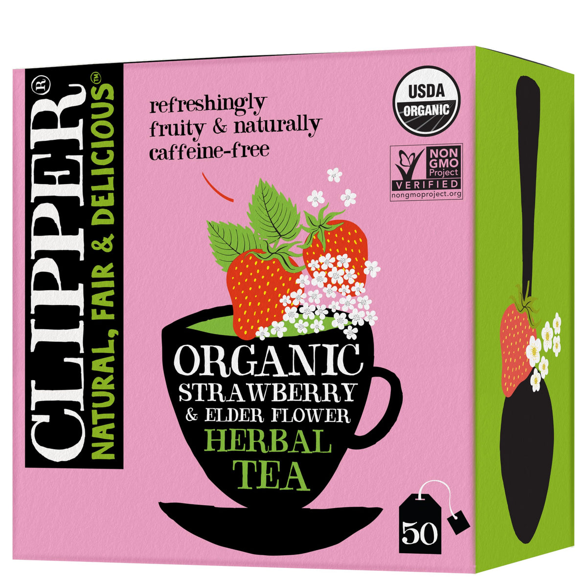 Clipper Tea organic strawberry elderflower tea bag close-up, perfect for a fragrant hot brew