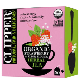 Clipper Tea organic strawberry elderflower tea bag close-up, perfect for a fragrant hot brew