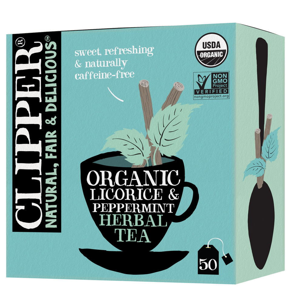 Clipper Tea peppermint licorice teabags pack ready for a soothing brew.