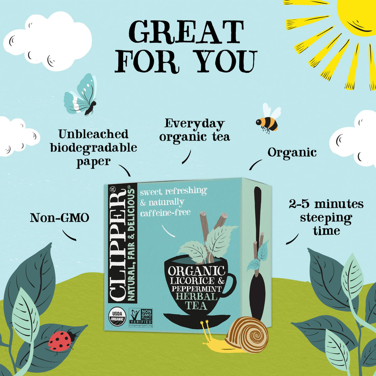 Clipper Tea peppermint licorice teabags steeping cup ideal for a refreshing sip.