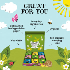 Clipper Tea sampler box opened, showing five flavors for at-home tasting