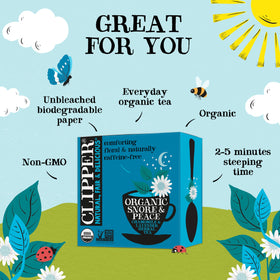 Clipper Tea Snore and Peace chamomile lavender aroma enhances relaxing moments.