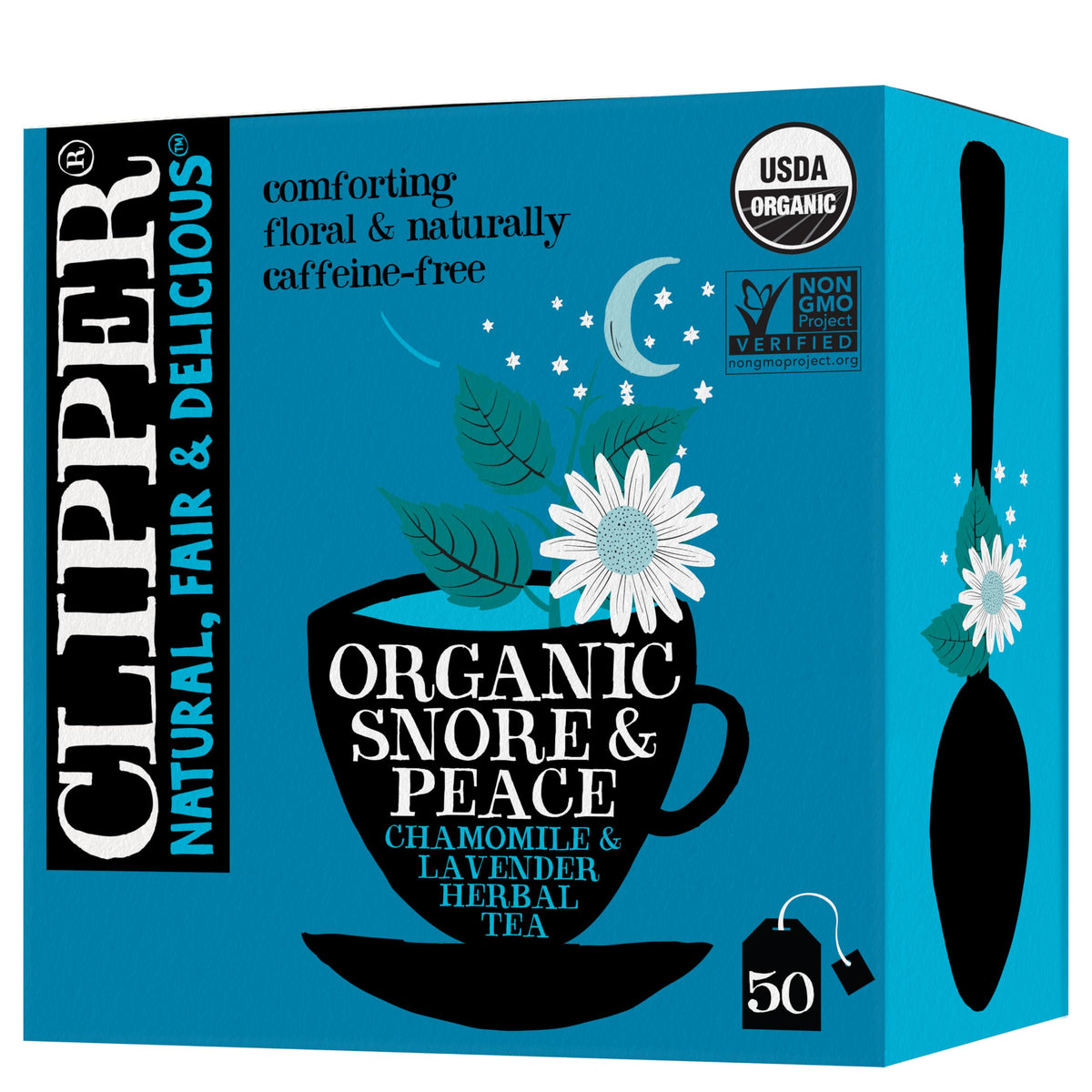 Clipper Tea Snore and Peace tea bags pack ready for brewing.