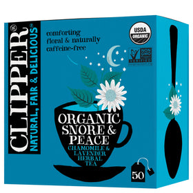 Clipper Tea Snore and Peace tea bags pack ready for brewing.