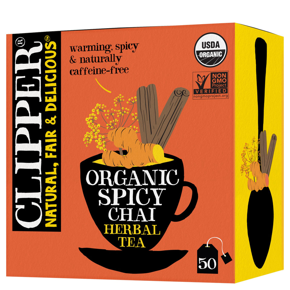 Clipper Tea Spicy Chai tea bags in a cup for a cozy caffeine-free moment