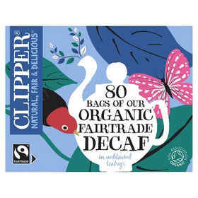 Clipper Tea decaf black tea bags in recyclable, plant-based packaging for a sustainable daily ritual.
