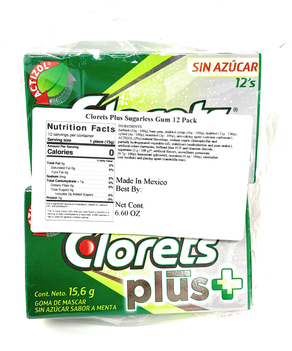 Cloret's Plus Mint gum 12-pack side view shows compact packaging and sugar-free format.