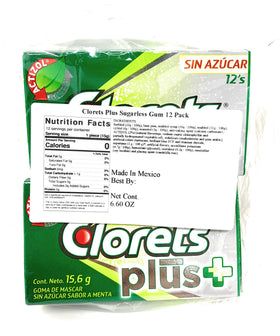 Cloret's Plus Mint gum 12-pack side view shows compact packaging and sugar-free format.