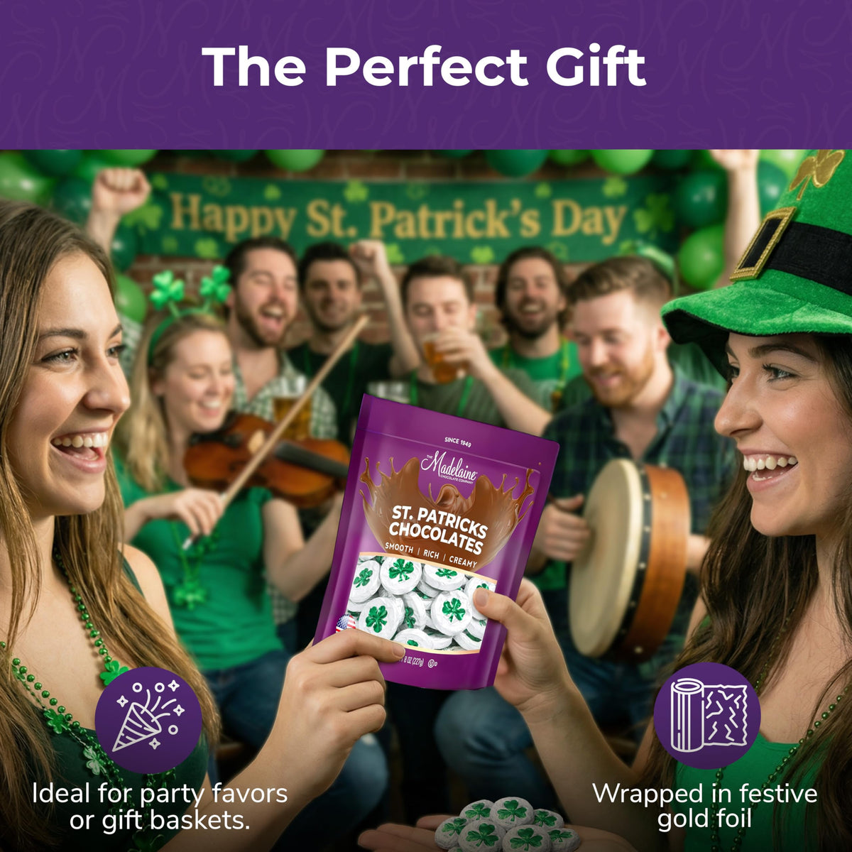 The Madelaine Chocolate Company four-leaf clover design enhances festive presentation.