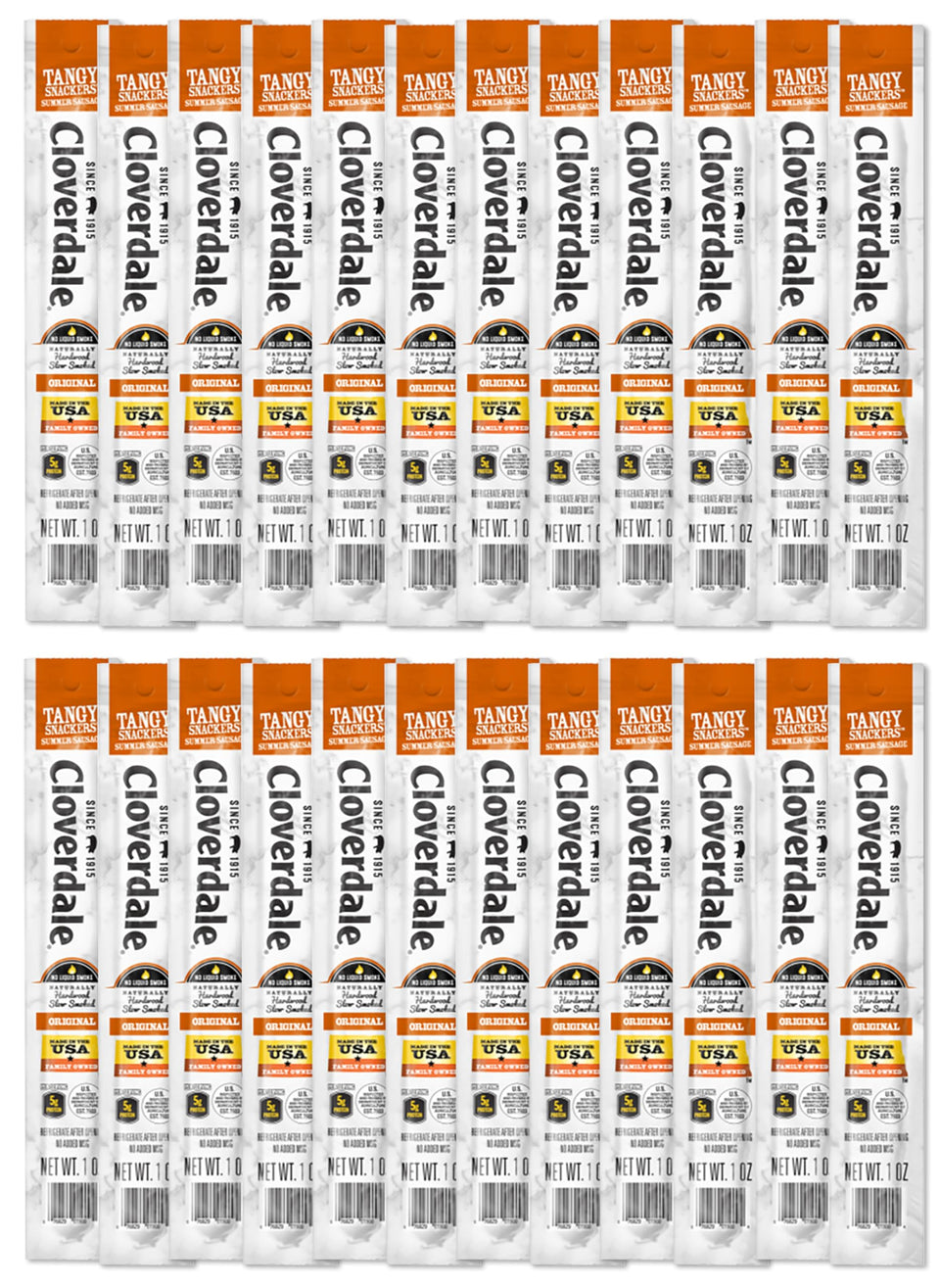 Cloverdale Tangy Snackers 24-pack front view, convenient grab-and-go snack for busy days.