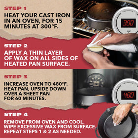 CM SCRUBBER Knapp seasoning wax on cast iron pan enhances seasoning.