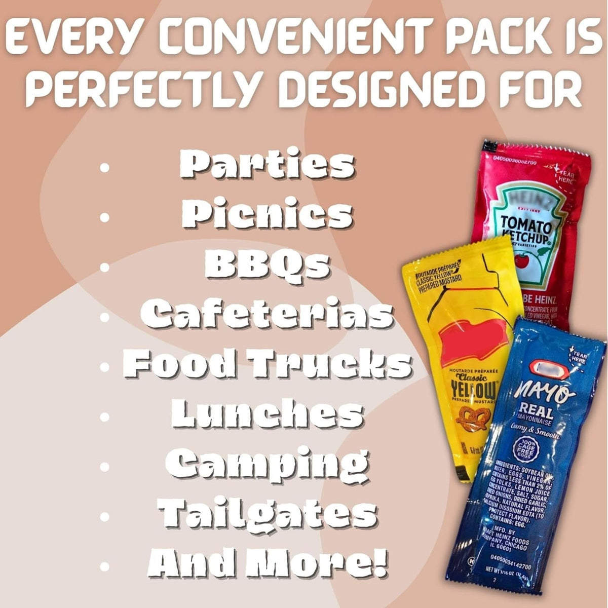CMC Products mustard packets ideal for sandwiches and burgers at picnics.