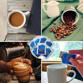 Travel-friendly creamer packets for on-the-go beverages.