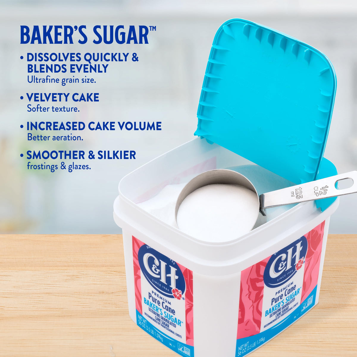 C&amp;H Ultrafine Sugar shown in a mixing bowl for smooth batters.