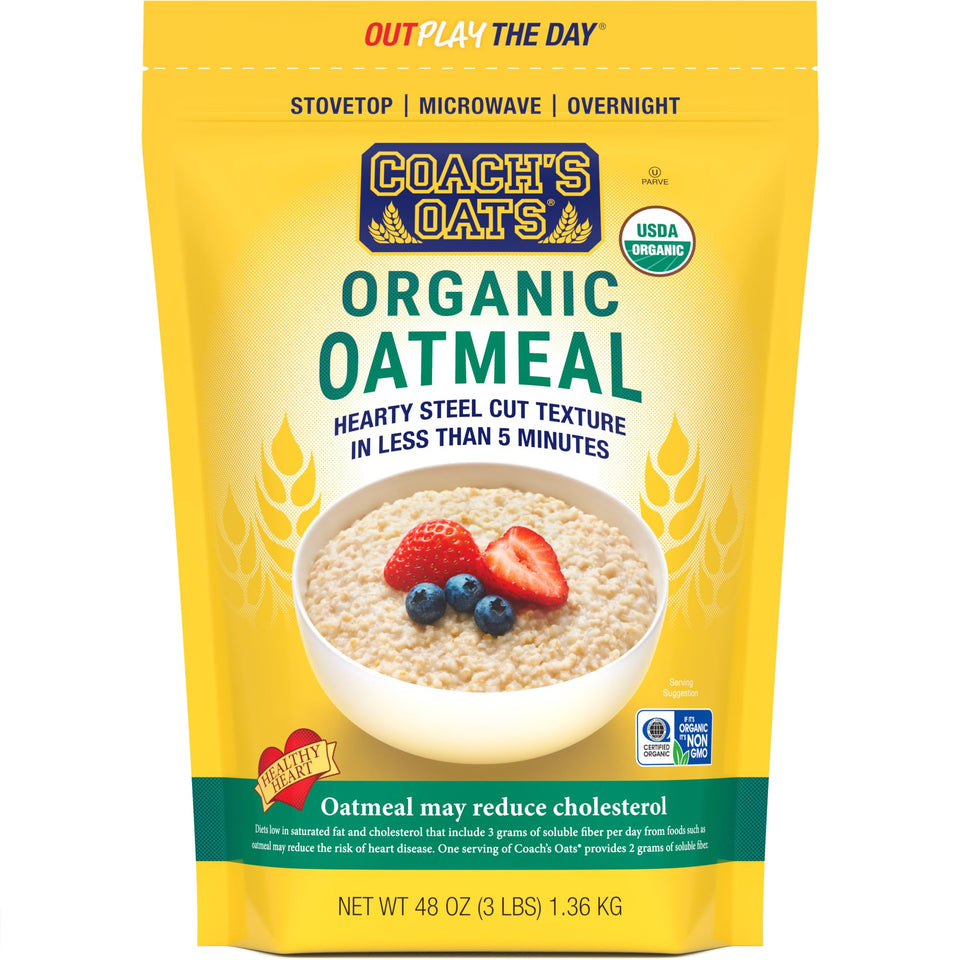 Coach's Oats organic oatmeal 3lb pack ready for quick, nourishing breakfasts.
