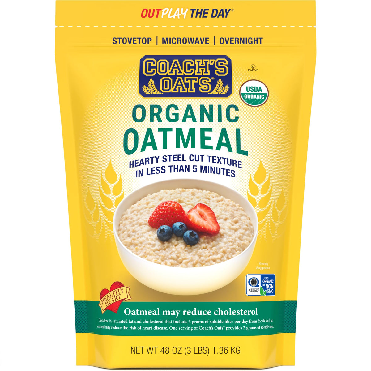 COACH'S OATS organic oatmeal bag front highlights whole grains for a wholesome breakfast.