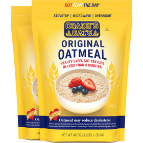 Coach's Oats whole grain oats pack in a two-bag set for convenient mornings.