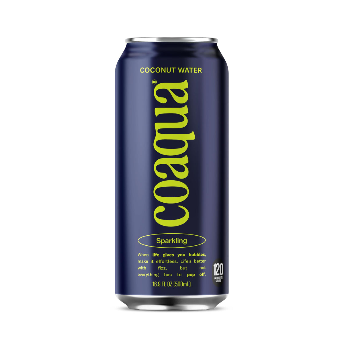 CoAqua Sparkling Coconut Water can-front view highlights natural electrolytes for hydration.
