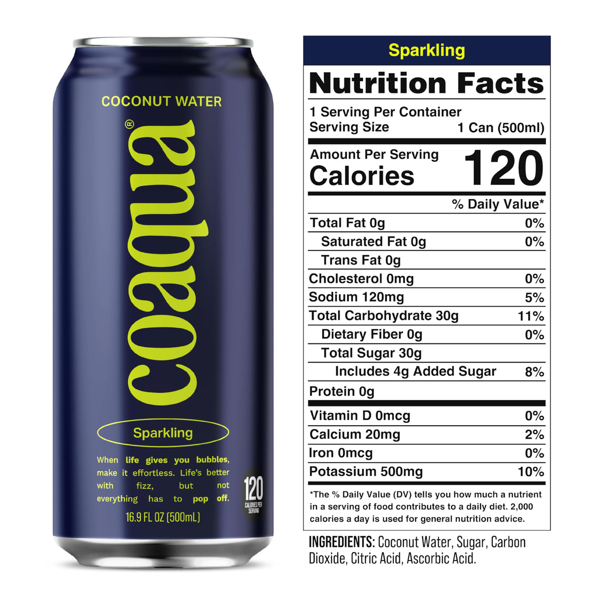 CoAqua Sparkling Coconut Water label-closeup reveals simple ingredients and clean taste.