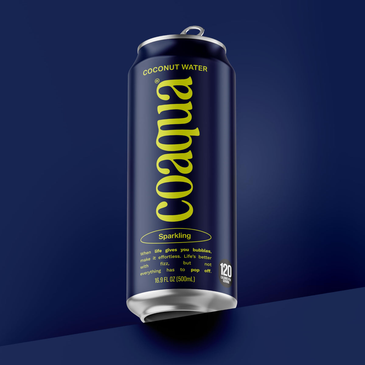 CoAqua Sparkling Coconut Water product-shot highlights fat-free, pure coconut taste.
