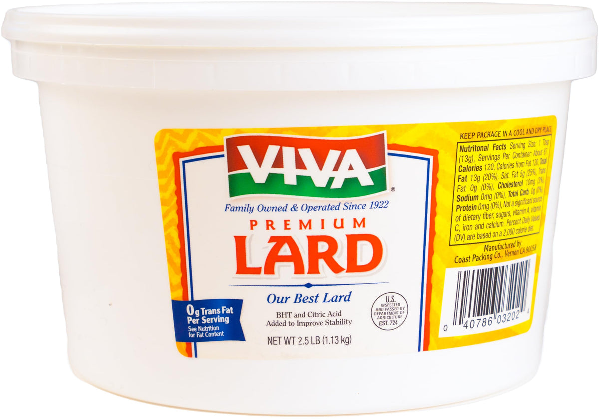 Coast Packing Co Viva Lard bottle shown, versatile fat for cooking, baking, and traditional flavors.