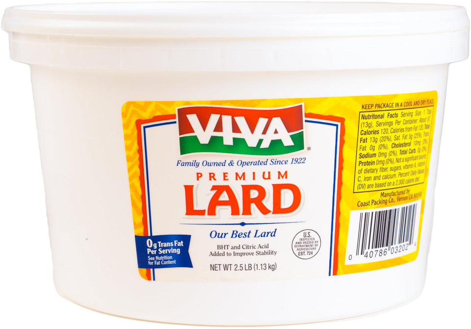 Coast Packing Co Viva Lard bottle shown, versatile fat for cooking, baking, and traditional flavors.